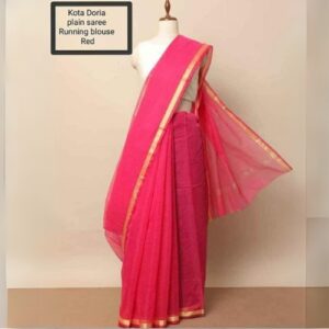 Kota Doria Plain Saree Running Blouse Red
